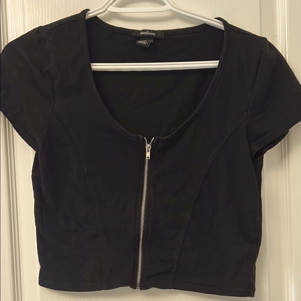 Ambiance Black and Silver Zippered Crop Top
